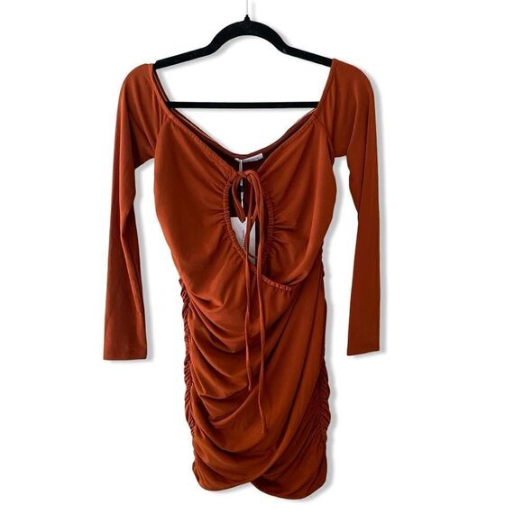 Lovers And Friends Lira Mini Dress Ginger Brown off shoulder stretch Revolve XS - Picture 6 of 9
